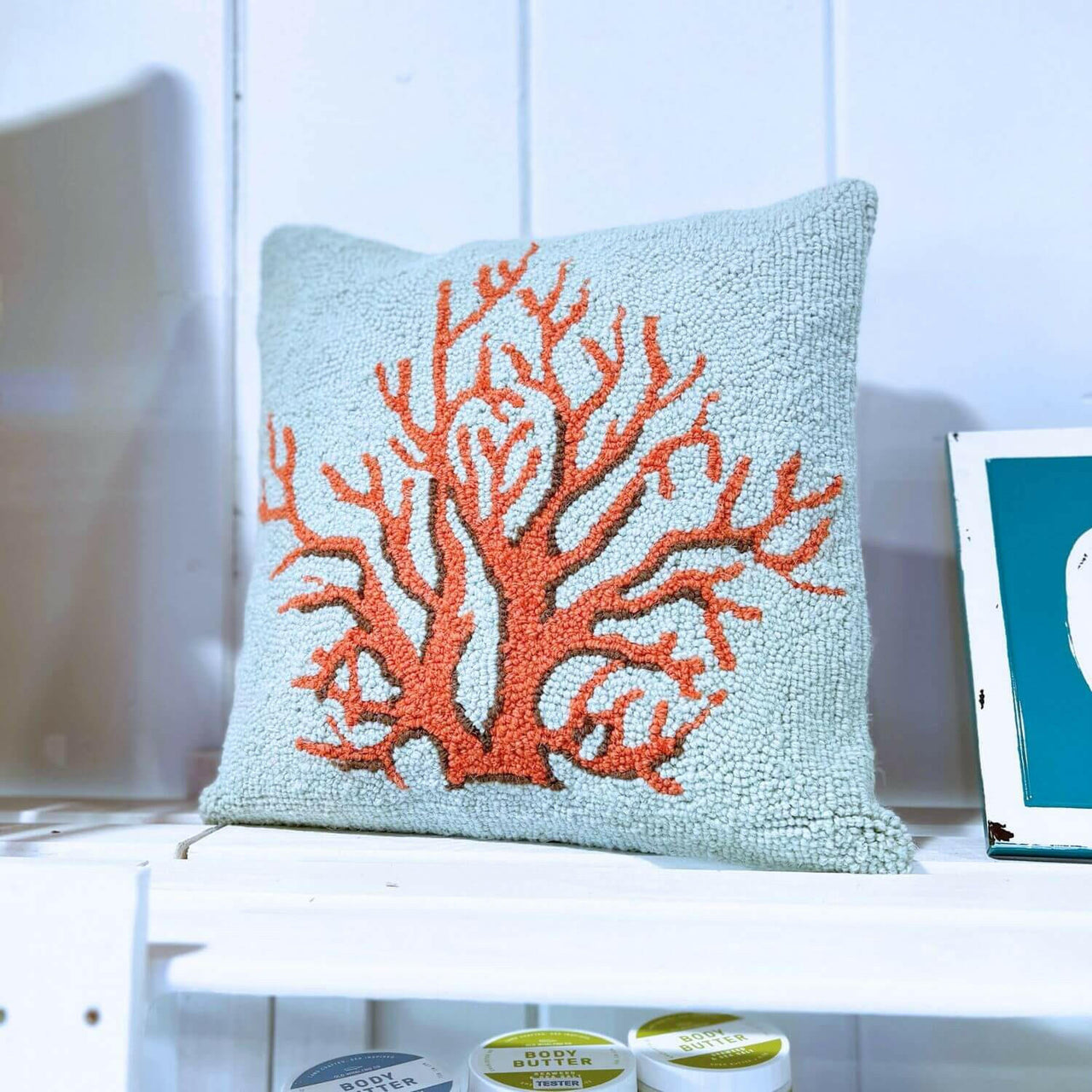 Red Coral Hook Pillow, 16 x 16