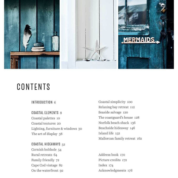 Table of contents for a coastal-themed book or magazine with a blue door and 'Mermaids' sign.