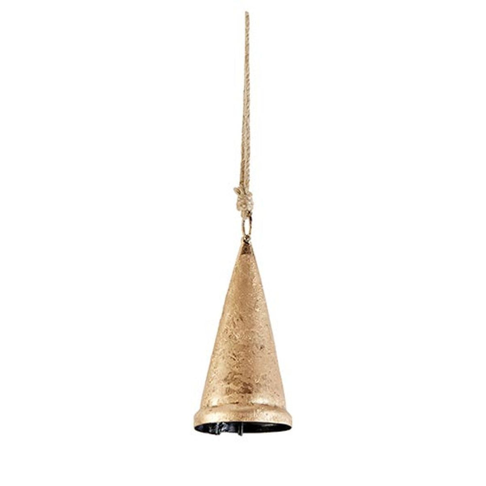 Rustic metal cone bell with natural rope ties, offering a cozy, handcrafted look with subtle coastal charm.