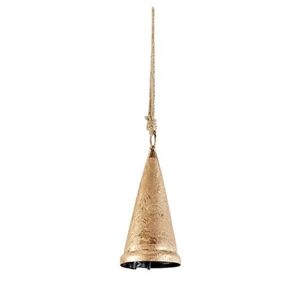 Rustic metal cone bell with natural rope ties, offering a cozy, handcrafted look with subtle coastal charm.