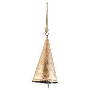 Rustic cone bell made of iron with rope detail, standing 14 inches high, blending modern and traditional charm for home or garden décor.