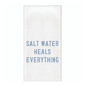 Folded white 30-inch cotton towel with blue “Salt Water Heals Everything” text