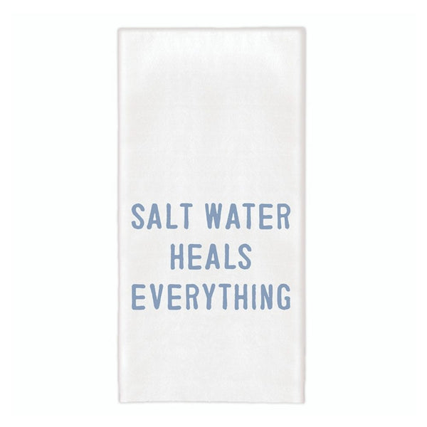 Folded white 30-inch cotton towel with blue “Salt Water Heals Everything” text
