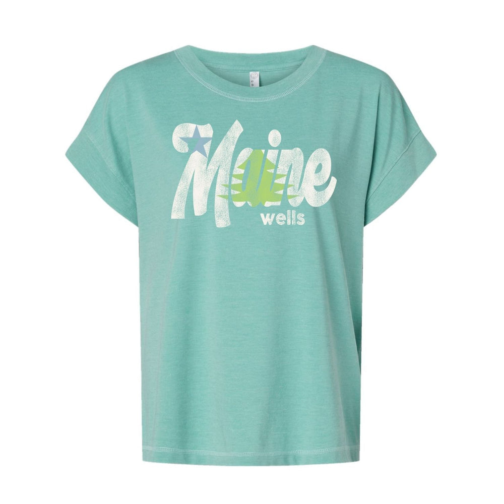 Wells Maine Women’s Washed Teal T-Shirt with Maine Flag-Inspired Graphic, Star and Pine Tree Design