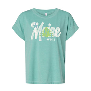 Wells Maine Women’s Washed Teal T-Shirt with Maine Flag-Inspired Graphic, Star and Pine Tree Design