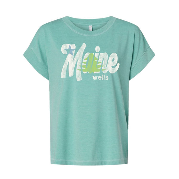 Wells Maine Women’s Washed Teal T-Shirt with Maine Flag-Inspired Graphic, Star and Pine Tree Design