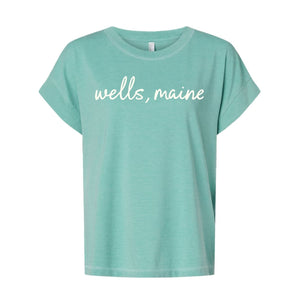 Women's Soft Teal Coastal Graphic Tee, Vintage Wash Cotton Blend Relaxed Fit Short Sleeve Shirt with Handwritten Script, Maine Tee