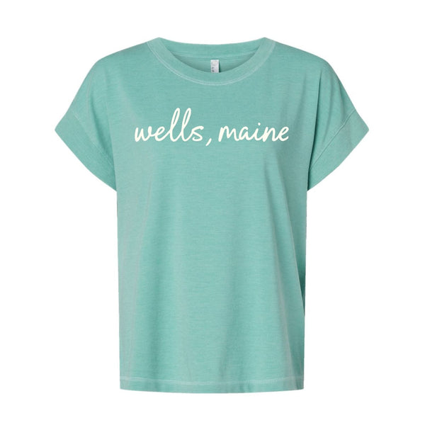 Women's Soft Teal Coastal Graphic Tee, Vintage Wash Cotton Blend Relaxed Fit Short Sleeve Shirt with Handwritten Script, Maine Tee