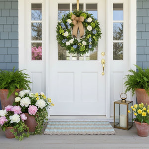 Sand and Seafoam Cabana Stripes Lobster Rope Doormat for Front Door, Coastal Outdoor Mat with Modern Striped Design