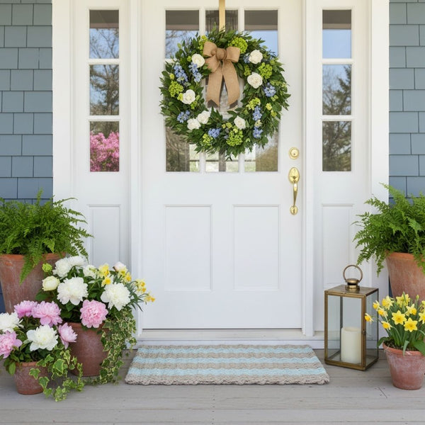Sand and Seafoam Cabana Stripes Lobster Rope Doormat for Front Door, Coastal Outdoor Mat with Modern Striped Design