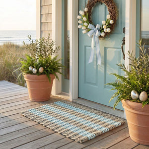 Sand And Seafoam Cabana Stripes Wicked Good Lobster Rope Doormat, Handwoven In Maine With Weatherproof Lobster Rope, Resort-Inspired Outdoor Mat For Year-Round Use