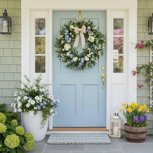 Sand and Seafoam Striped Lobster Rope Doormat for Front Door, Weatherproof Coastal Outdoor Doormat with Modern Design