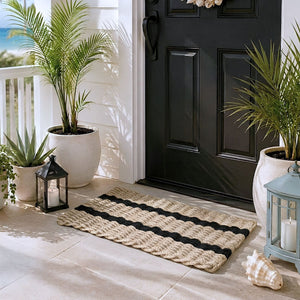 Sand with 2 Black Stripes Lobster Rope™ Doormat, Wicked Good Doormats®, All-Weather Outdoor Door Mats, Nautical Rope Doormats Handwoven in Maine