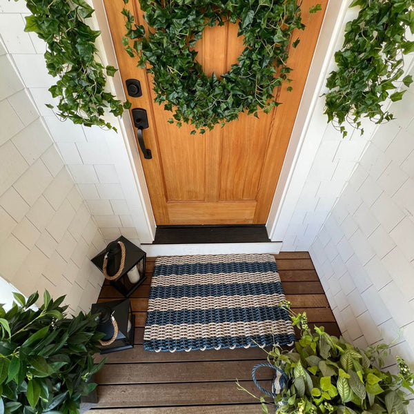Lobster Rope Outdoor Mat, Wicked Good Doormats in Sand & Navy Cabana Stripes, Welcome Mat for Outdoors