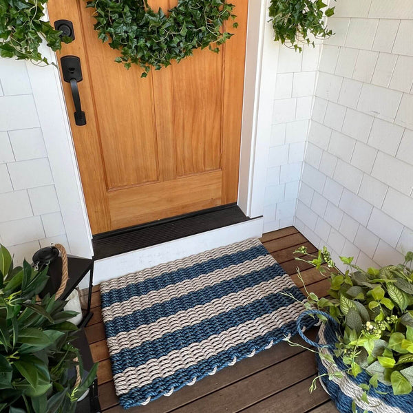 Front Door Mats Outdoor, Lobster Rope Doormats in Sand & Navy Cabana Stripes Outdoor Mat