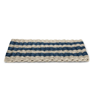 Coastal-inspired sand and navy cabana striped doormat, angled for a stylish home entry display.