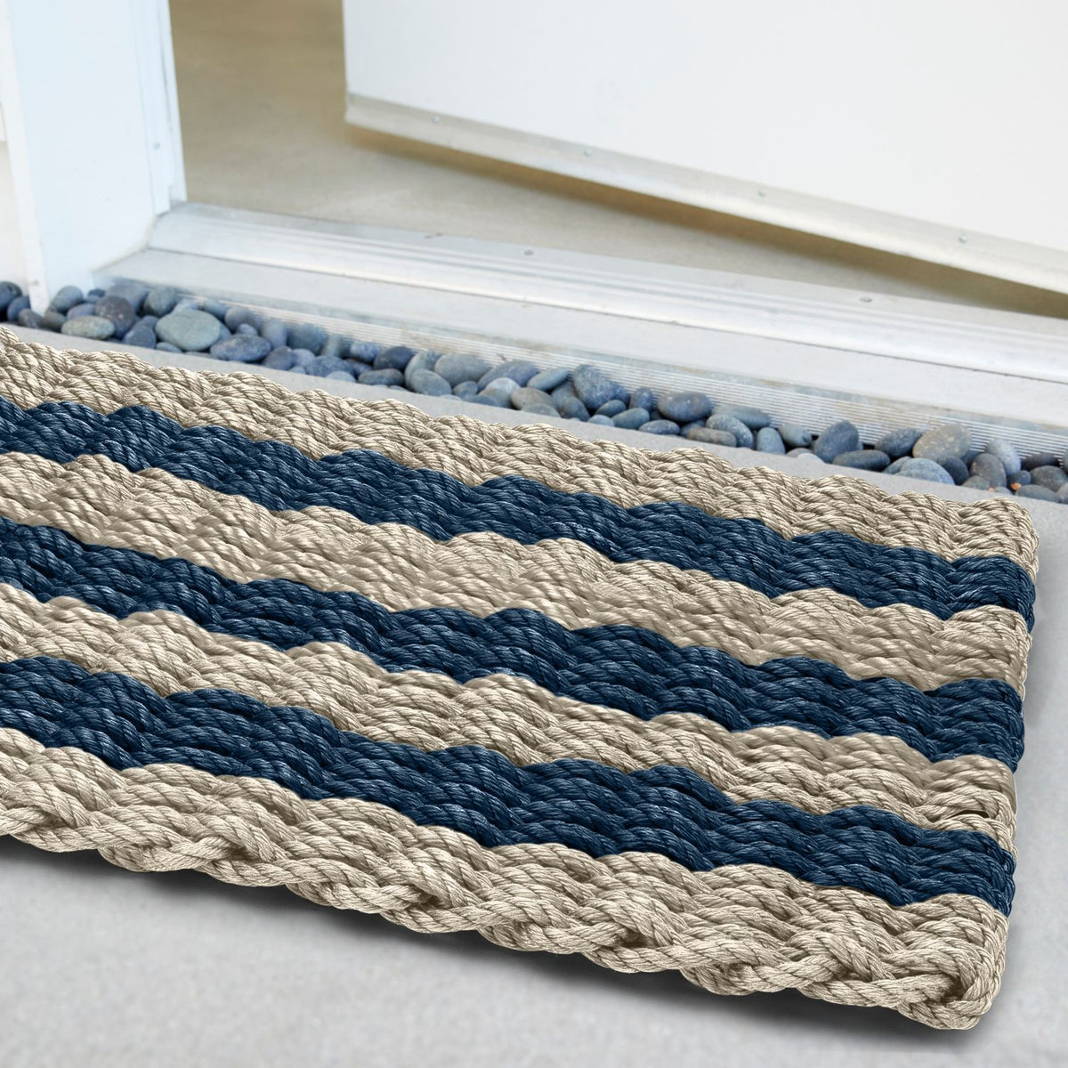 Sand & Navy Cabana Stripes Doormat | Lobster Rope Mats | New England ...