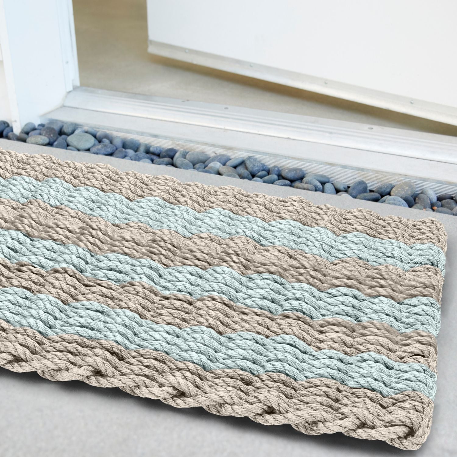 Waterproof Lobster Rope Outdoor Doormat, Sand & Seafoam Cabana Stripes