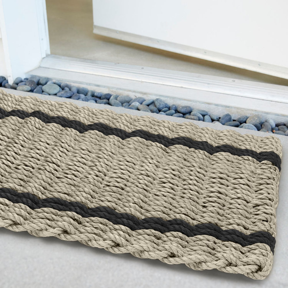Outdoor Door Mat, Wicked Good Lobster Rope Doormats, Sand with Black Tailored Stripes