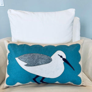 Sandpiper On Blue Scallop Pillow, 14 x 21, Handstitched, Heavyweight Cotton Canvas