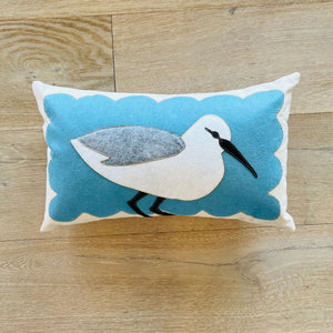 Sandpiper On Blue Scallop Pillow, 14 x 21, Handstitched, Heavyweight Cotton Canvas