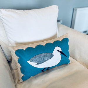 Sandpiper On Blue Scallop Pillow, 14 x 21, Handstitched, Heavyweight Cotton Canvas