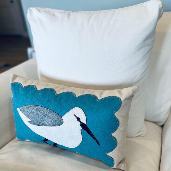 Sandpiper On Blue Scallop Pillow, 14 x 21, Handstitched, Heavyweight Cotton Canvas