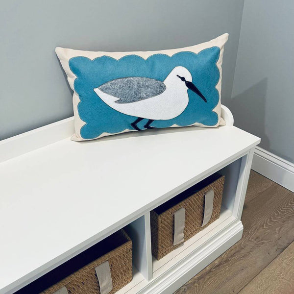 Sandpiper On Blue Scallop Pillow, 14 x 21, Handstitched, Heavyweight Cotton Canvas