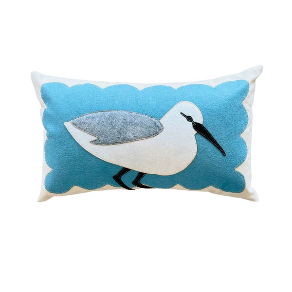 Sandpiper On Blue Scallop Pillow, 14 x 21, Handstitched, Heavyweight Cotton Canvas