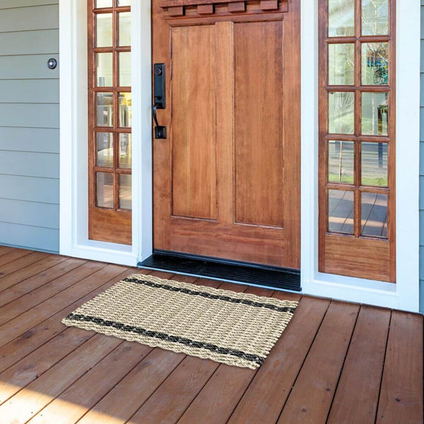 Welcome Mat for Outdoors, Outdoor Mats For Front Door in Sand with Black Tailored Stripes