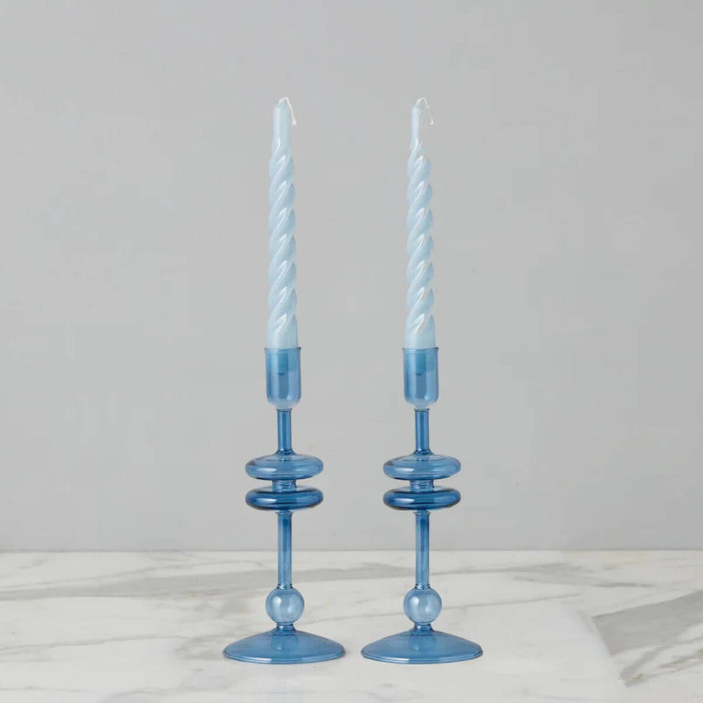 Sapphire Blue Glass Candlestick Holders, Set of 2 petite sapphire blue glass candle holders, elegant addition to tabletops, mantels, or sideboards.