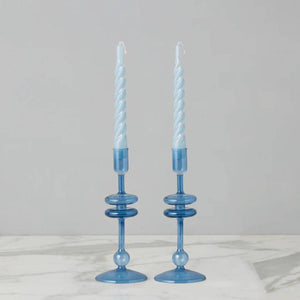 Sapphire Blue Glass Candlestick Holders, Set of 2, Coastal Candle Holders