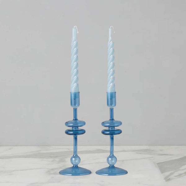 Sapphire Blue Glass Candlestick Holders, Set of 2, Coastal Candle Holders