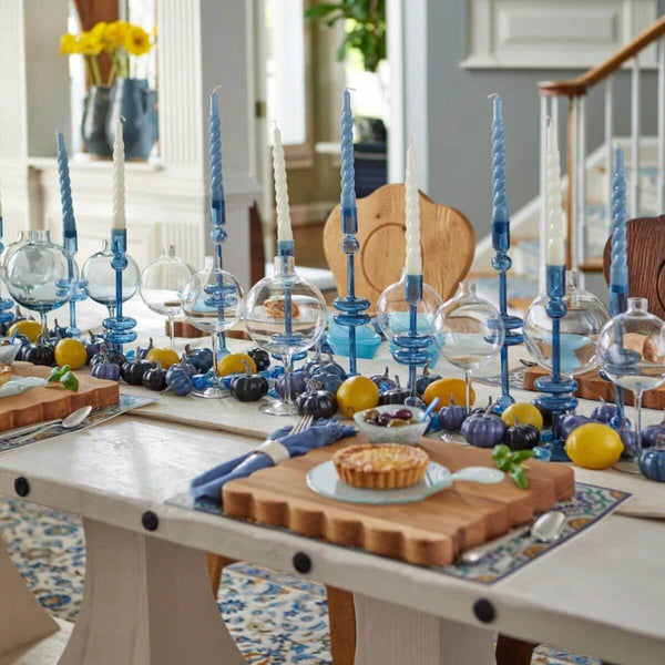 Small sapphire blue glass candlesticks, set of two, ideal for decorative accents, dinner parties, or coastal décor, coastal candle holders