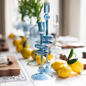 Small sapphire blue glass candle holders, set of two, ideal for elegant home décor or festive occasions, 2" x 4" x 9" New England Trading Co