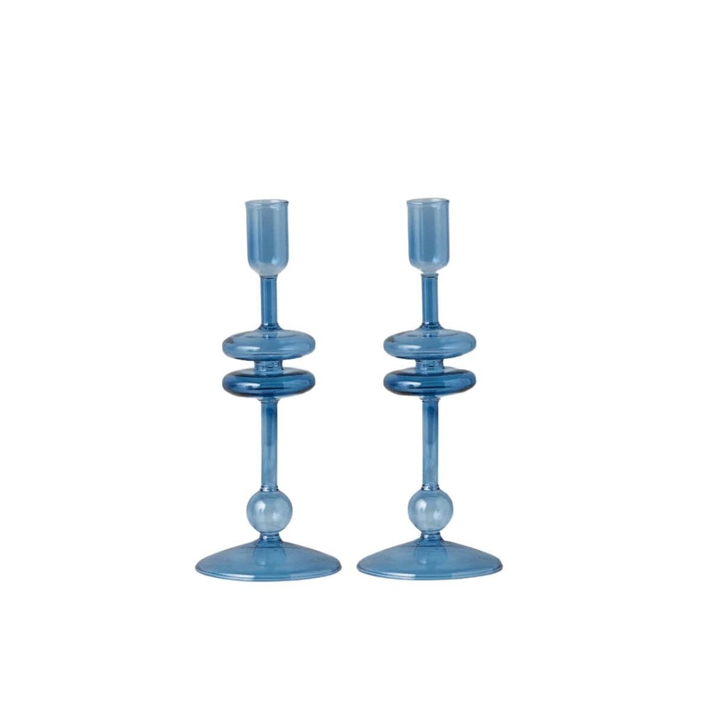 Sapphire Blue Glass Candlestick Holders, Set of 2 petite sapphire blue glass candle holders, elegant addition to tabletops, mantels, or sideboards.