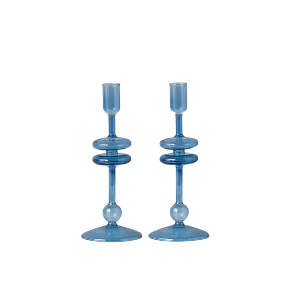 Sapphire Blue Glass Candlestick Holders, Set of 2 petite sapphire blue glass candle holders, elegant addition to tabletops, mantels, or sideboards.