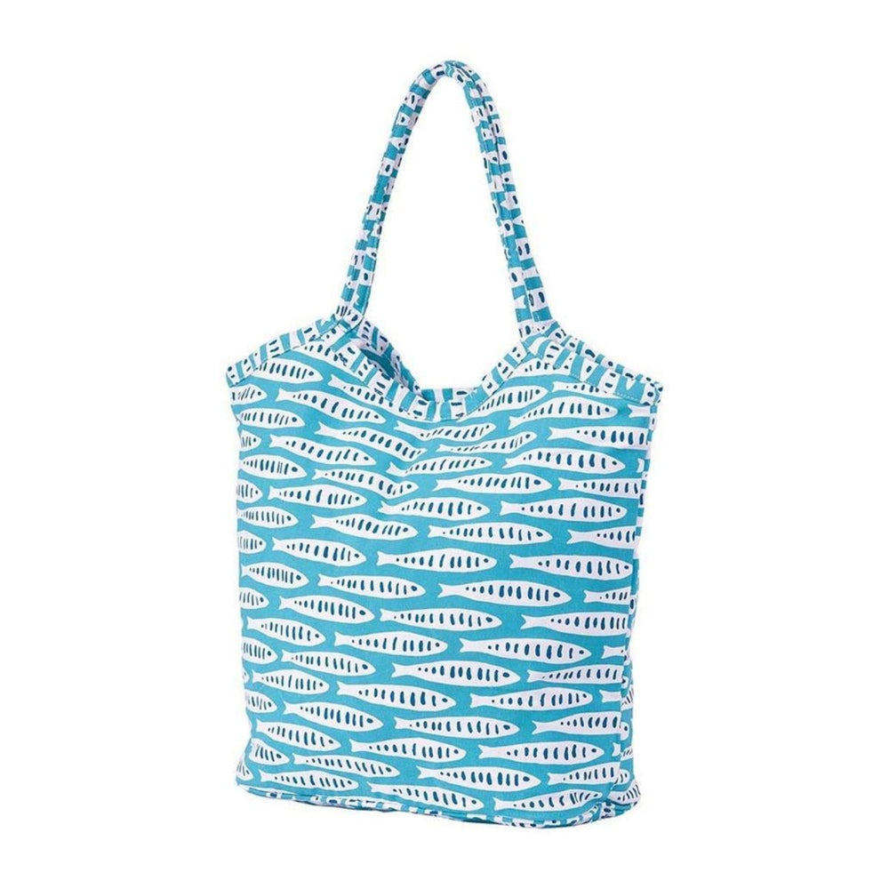 Eco-friendly coastal cotton canvas tote bag, ideal for carrying towels, snacks, or souvenirs, with flat hard bottom and secure magnetic snap.