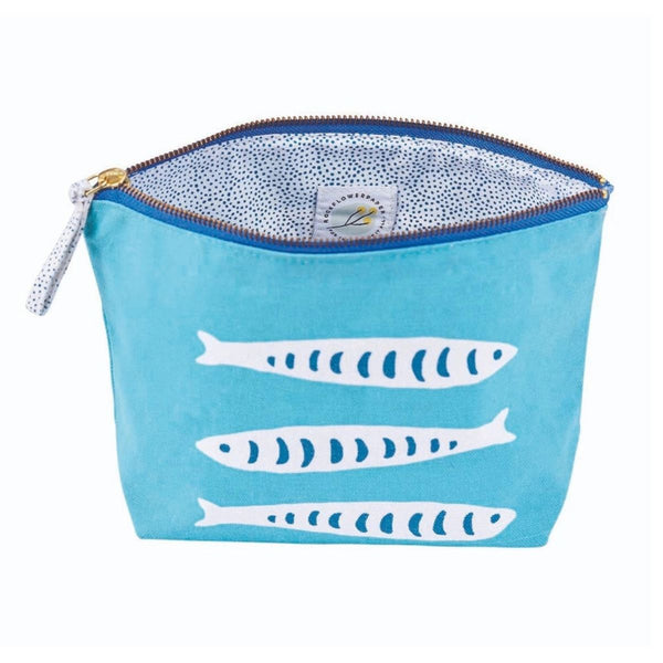 Medium coastal canvas organizer pouch with mix-and-match print, printed interior lining, and gold metal zipper closure