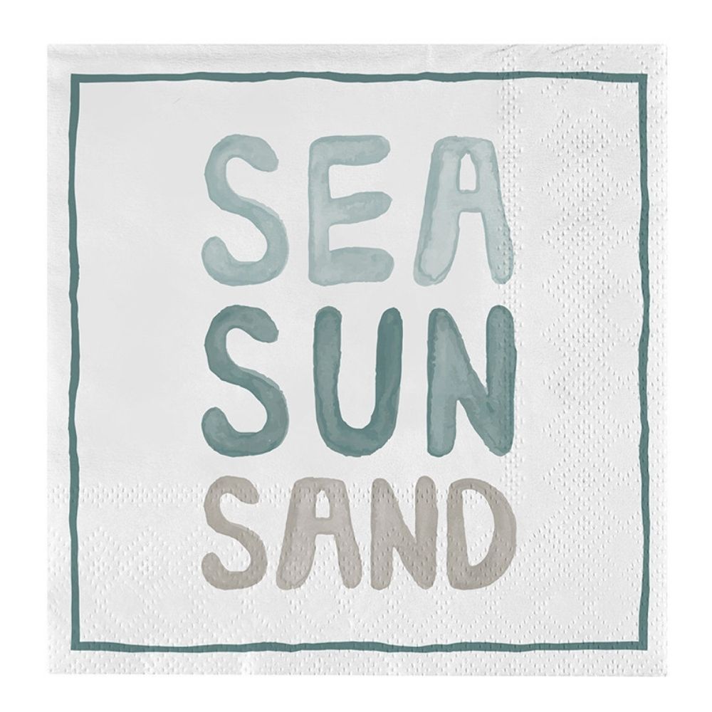 Sea Sun Sand cocktail napkin with coastal lettering in blue and sand tones on white paper napkin