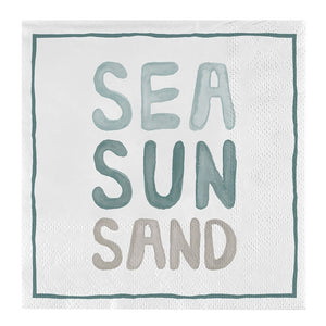 Sea Sun Sand cocktail napkin with coastal lettering in blue and sand tones on white paper napkin