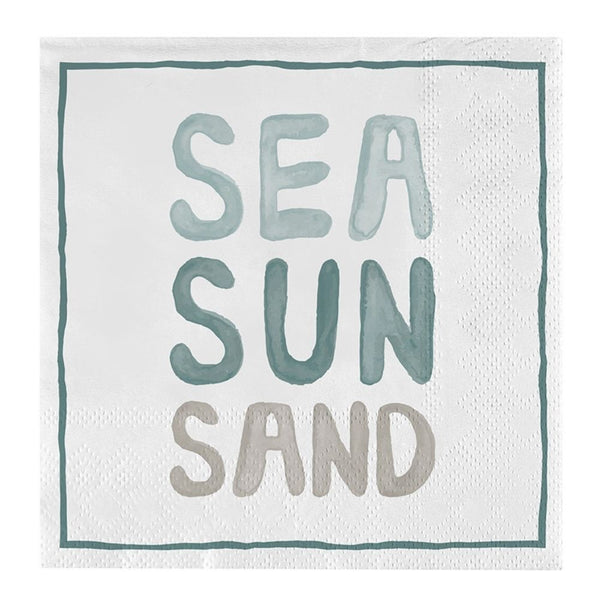 Sea Sun Sand cocktail napkin with coastal lettering in blue and sand tones on white paper napkin