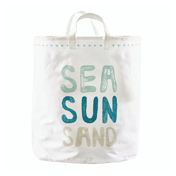 Oversized white canvas storage tote with Sea Sun Sand text in blue and sand tones