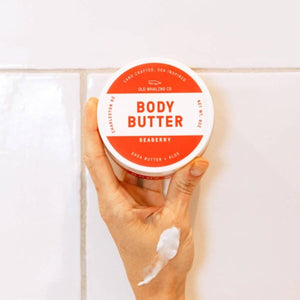 Coastal fragrance Seaberry body butter made with shea butter and aloe vera, offering a sweet berry and vanilla aroma in a thick, creamy texture.