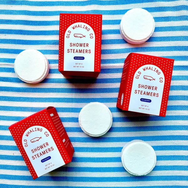 Box of four coastal Seaberry shower steamers with a fragrant mix of raspberry, orange, plum, and vanilla for a relaxing shower routin