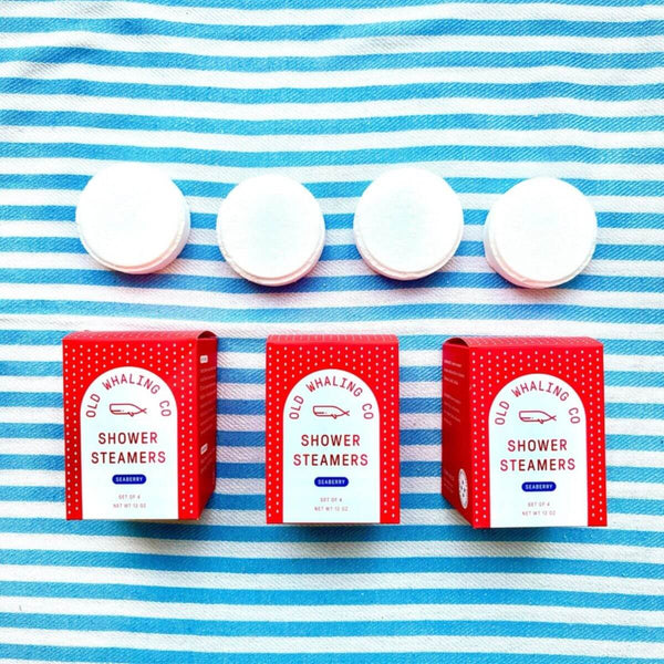 Coastal-themed Seaberry shower steamers that release a sweet berry and vanilla aroma when activated by shower steam