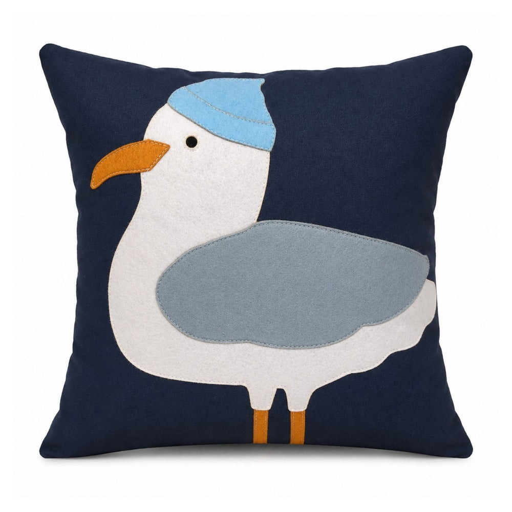 Seagull with Hat Pillow, Nautical Throw Pillow, Coastal Accent Pillow, Beach House Decor, Handstitched Wool Blend Felt Appliqué, Heavyweight Navy Cotton Canvas Pillow, 18 x 18 Decorative Pillow, Made in USA