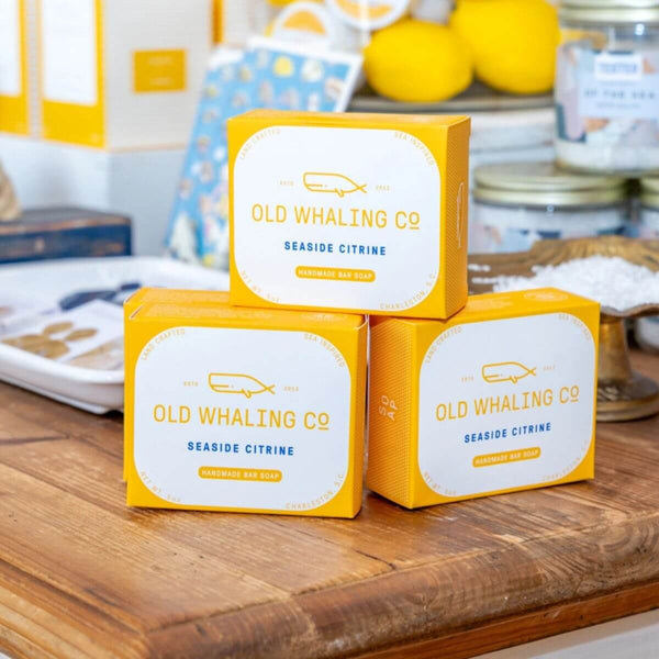 5oz Seaside Citrine® citrus-forward bar soap with creamy lather, perfect for coastal bathrooms and summer routines.