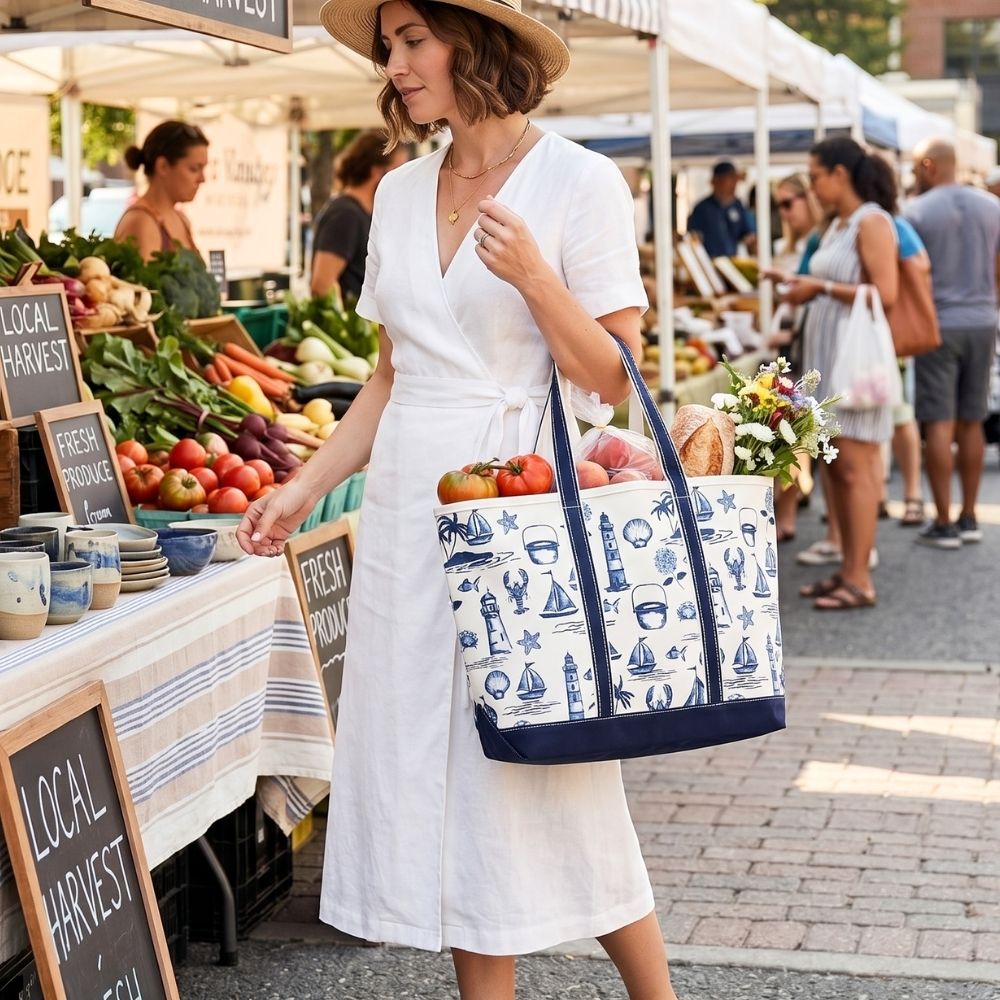 Summer Tote Bag, White Canvas Tote with Navy Handles and Seaside Toile Features of Sailboats, Lighthouses and Lobsters, Coastal Gift