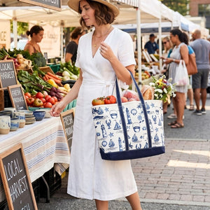 Seaside Toile Canvas Beach Tote Bag in Blue and White, Coastal Market Tote with Lighthouses and Sailboats at Farmers Market